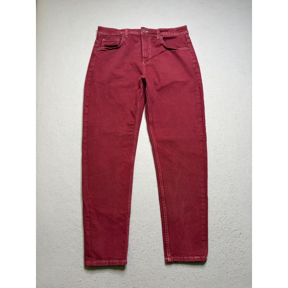 Cotton On Jeans Mens 32 Burgundy Tapered Leg Contrast‎ Stitch Denim Pants